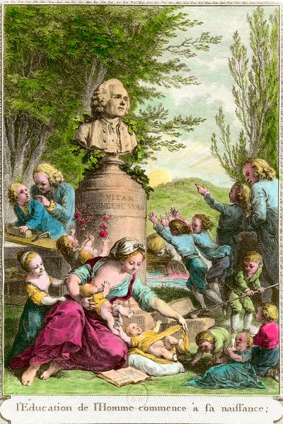 Az ember nevelése a születéskor kezdődik: az anyák a gyermekeikkel, egy mellszobor mellett, amely Jean Jacques Rousseau (1712-1778) svájci filozófus előtt tiszteleg. A 18. századi magángyűjtemény metszete alkotó: Anonymous Anonymous