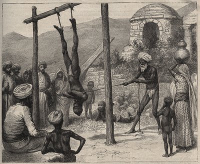 Az indiai fakírt - az indiai fakírokat (Faquir) - lábánál fogva egy fa rúdra akasztották - 1892-ből készült metszet a „Journal des voyages”-ban. alkotó: Anonymous Anonymous