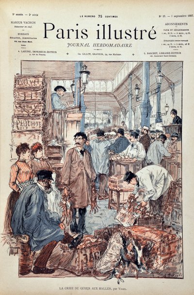 A játék criee a Halles de Parisban 1887-ben. Illusztráció: Hermann Vogel (1856-1918). Metszet 1887-ből a „” Paris-Illustrous folyóirat hetilapjában”. alkotó: Anonymous Anonymous