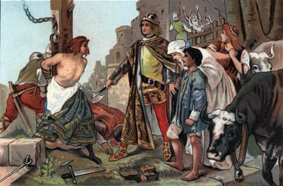 Baudouin VII (1092-1119) bírója – mondta Flandria grófja a fejszének. Antoine csokoládék reklámkromolitográfiája Brüsszelben, a XX. század eleje. Magángyűjtemény alkotó: Anonymous Anonymous
