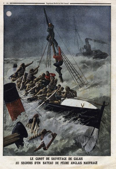 A calais-i mentőcsónak egy elsüllyedt angol halászhajó megmentésére. Metszet a „Le Petite Journal”-ban, 1912.11.02. Magángyűjtemény. alkotó: Anonymous Anonymous