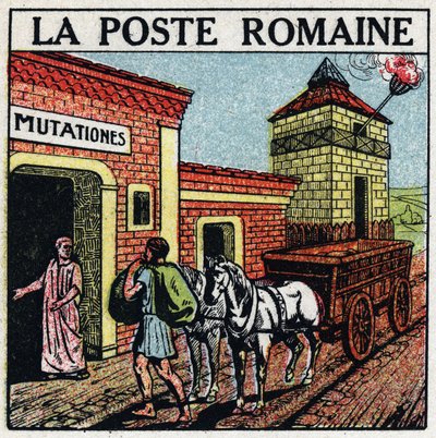 A poszt: a római posta. Egy „mutationes”, egy hely, ahol postahivatalnak használt lovakat lehetett bérelni, az úgynevezett „curriculum publicus”. Névtelen illusztráció 1925-ből. Magángyűjtemény. alkotó: Anonymous Anonymous