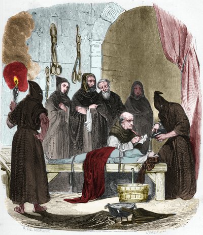 A víz kérdése: Pedro (Pierre) de Arbues (1441/1442 - 1485) kínzás alatt kihallgat egy fiatal nőt, aki állítólag rávette nővérét, hogy a lutheranizmus felé forduljon. Zsinórral megkötve vizet öntünk egy kendőbe, amit a torok aljába nyomunk. alkotó: Anonymous Anonymous