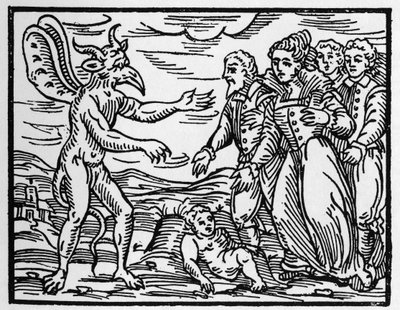 A varázslók gyermeket ajándékoznak az ördögnek - „Compendium Maleficarum”, Francesco Maria Guazzo vagy Guaccio vagy Guaccius (15? -16??) Magángyűjtemény a boszorkányokról, gonoszságukról és válogatásukról szól. alkotó: Anonymous Anonymous