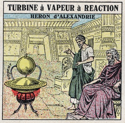 A gőzgép: reakció gőzturbina. Az alexandriai görög gém (vagy Heron The Elder) találta fel az Eolipyle-t az i.sz. 1. században. Névtelen illusztráció 1925-ből. Magángyűjtemény. alkotó: Anonymous Anonymous