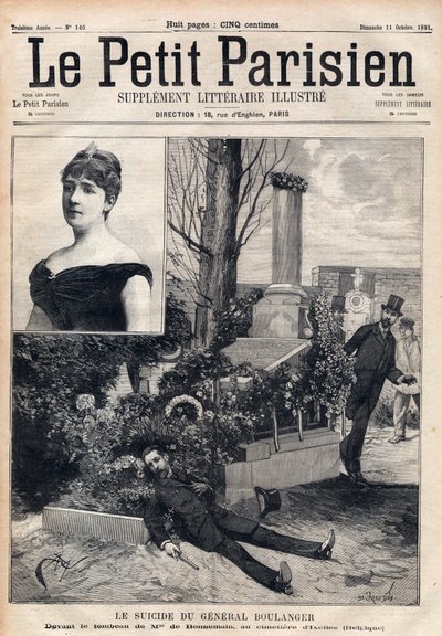 Georges Boulanger tábornok (1837-1891) öngyilkossága a belgiumi Ixelles temetőben Madame Bonnemains sírja előtt. Metszet „” Le petit Parisien”” 1891-ből. Magángyűjtemény. alkotó: Anonymous Anonymous