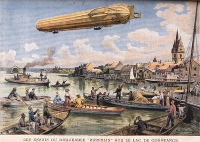 A Zeppelin léghajó tesztjei a németországi Boden-tavon. Metszet a „Le Peute Parisien” újságból, 1908.02.08. Magángyűjtemény. alkotó: Anonymous Anonymous