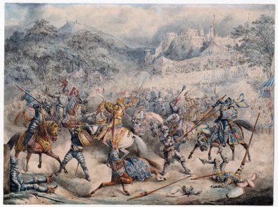 Tournoi (Moyen kor) - Lovas lovagok bajnoksága - Anonymous - 1840 - Színes litográfia - 20,3x30,5 - Magángyűjtemény alkotó: Anonymous Anonymous