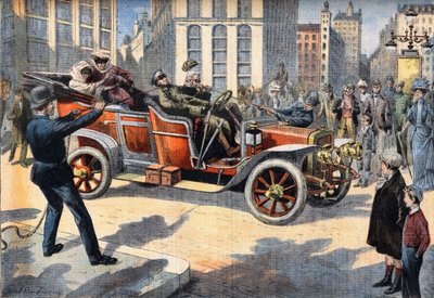 A szokatlan amerikai rendőrségi módszerek a sebességet elkövető sofőrök letartóztatására izgatnak autójuk vezetése közben. Metszet a „” Le Petro Parisien” újságból”, 1908.05.31. Magángyűjtemény. alkotó: Anonymous Anonymous