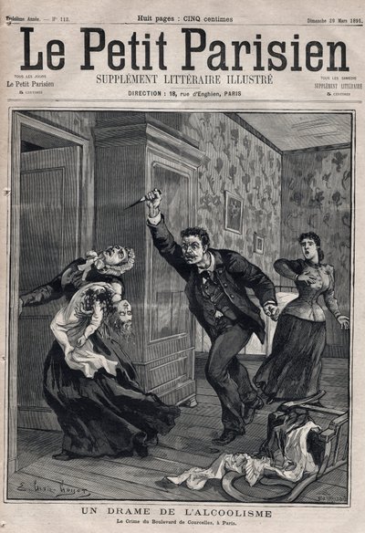 Különböző tények: az alkoholizmus drámája - Le Criminal du Boulevard de Courcelles Párizsban - "Le petit Parisien" metszet 1891-ből - Magángyűjtemény alkotó: Anonymous Anonymous