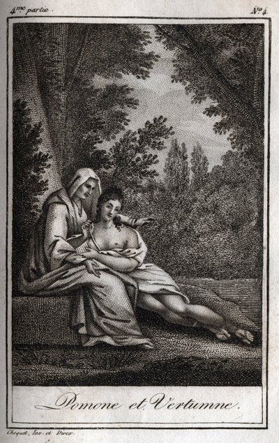 Vertumne és Pomone (Jupiter és Ceres): Vertumne, aki szerelmes Pomone nimfába, öregasszonynak álcázza magát, hogy közeledjen hozzá. Metszet 1819-ből Charles Albert Demoustier (1760-1801) „Lettres a Emilie sur la mythologie” című művében. Magángyűjtemény. alkotó: Anonymous Anonymous