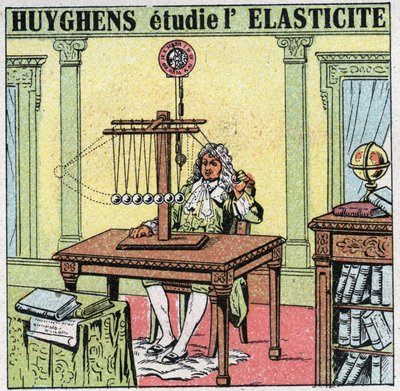 Rezgő mozgások: Christiaan Huygens (1629-1695) az anyag rugalmasságát vizsgálja elefántcsont gyöngyök megfigyelésével. Névtelen illusztráció 1925-ből. Magángyűjtemény. alkotó: Anonymous Anonymous