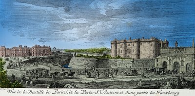 Kilátás a párizsi Bastille-ra, a Porte Saint Antoine-ra és a faubourg egy részére a 18. században, Metszet, Magángyűjtemény alkotó: Anonymous Anonymous