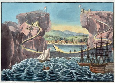 Kilátás a Szent Ilona-szigetre a James-erőd melletti leszállóhely oldaláról - Anonymous - 1815 - Aquatint - 46,7x54,5 - Magángyűjtemény alkotó: Anonymous Anonymous