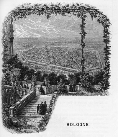 Bologna (Bologna) városának kilátása, armengaud 1859-ből származó metszet Európa - Olaszország galériáiban. Magángyűjtemény. alkotó: Anonymous Anonymous