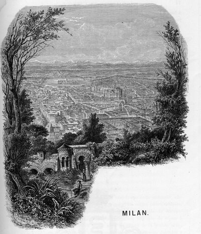 Kilátás Milánó városára (Milano), Olaszország. Armengaud 1859-es metszete a „” les galeries de l