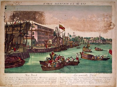 Kilátás New York (New York) város kikötőjére az Egyesült Államokban, bal oldalon egy hajógyár. A Hudson folyó torkolata és a Manhattan-sziget. 18. századi metszet. Magángyűjtemény alkotó: Anonymous Anonymous