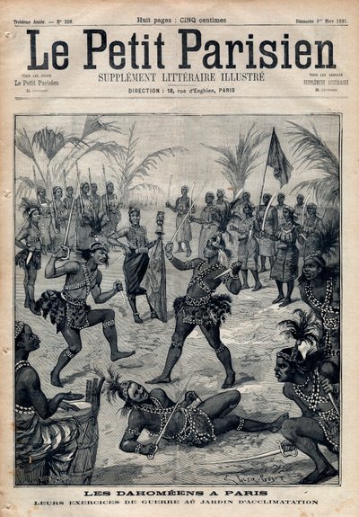 Háborús gyakorlatok: Amazonok, harcosok és feticheurs dahomeens (ma Benin) a párizsi akklimatizációs kertből (Emberi Állatkert). Metszet „” Le petit Parisien”” 1891-ből. Magángyűjtemény. alkotó: Anonymous Anonymous
