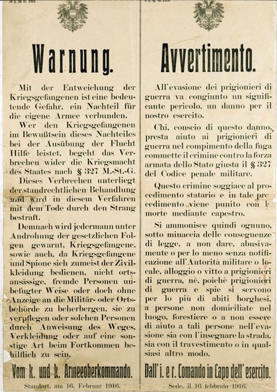 Figyelmeztetés az olasz hadifoglyok 1916. február 16-i szökése után, kérve az osztrák lakosságot, hogy ne segítsenek nekik (metszet alkotó: Anonymous Anonymous