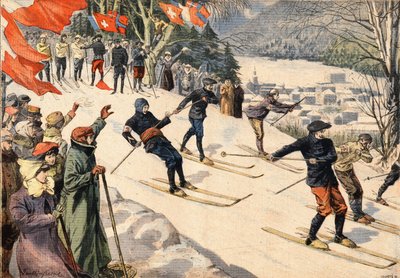 Téli sport: Síverseny Chamonix-ban, Haute Savoie-ban, az Alpokban, Franciaországban. A svájci és francia zászlók bátorítják a síelőket. Metszet a „Le Petite Parisien” újságból” alkotó: Anonymous Anonymous
