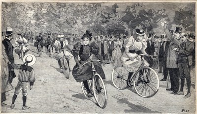 Velocipedisták női versenye a Párizs melletti Bois de Boulogne-ban. Metszet a „” Le Petit Parisien”-ben, 1893.06.25. alkotó: Anonymous Anonymous