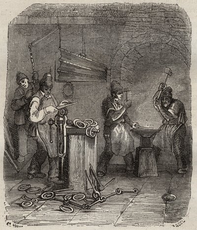 Munkáscsapatok a Rochefort Bagne-ban a XIX. Pierre Zaccone (1817-1895) (Colonia Penale - Büntetőtelep) metszet az „Elítéltek története a megalkotásuktól napjainkig” című könyvébe (1877). Magángyűjtemény. alkotó: Anonymous Anonymous