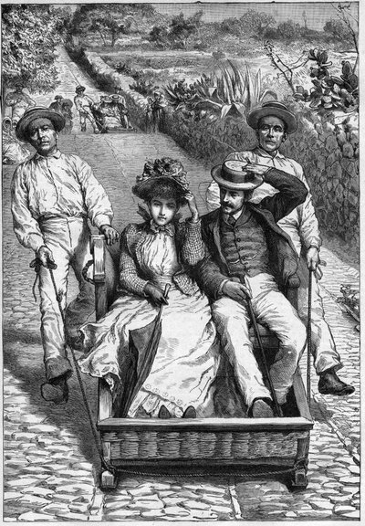 carros de cesto Madeirán 1893 - Les corinhos (carrieros) a Madeira (Madeira) - férfiak, akik két helyen vezetik az ülést a ruletten (un corinho). metszet a „Journal of Travels””-ben, 1893 alkotó: Anonymous Anonymous