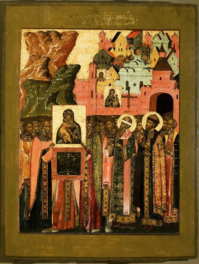 Vlagyimir Szűzanya ikonjának megérkezése Moszkvába 1395-ben, XVII. század közepe. alkotó: Anonymous Russian icon painter