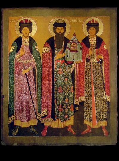 Szent Vsevolod Msztyiszlavics, Pszkov hercege Borisz és Gleb szentekkel, XVII. század eleje. alkotó: Anonymous Russian icon painter