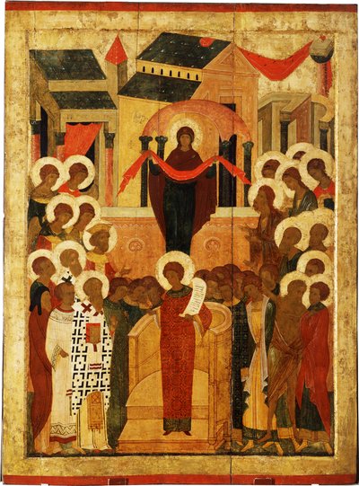 Pokrov Istenszülő oltalma, 15. század második fele. alkotó: Anonymous Russian icon painter