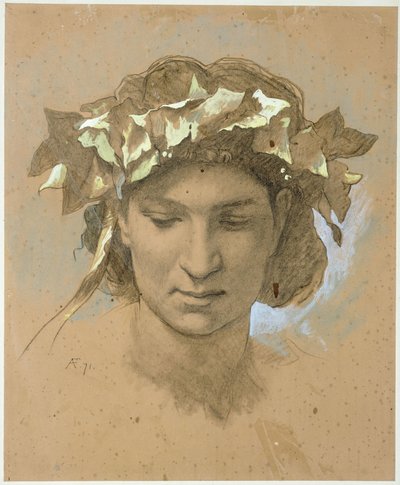 Női fej, borostyánkoszorúval. Vázlat a „Platón lakomája” című festményhez (1873, Berlini Nemzeti Galéria) alkotó: Anselm Feuerbach