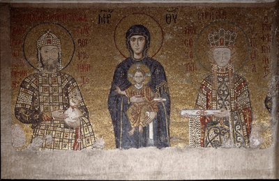 II. Komnénos János és felesége, Magyarországi Irén között ülő Szűz (Mozaik, VI. század) alkotó: Anthemius of and Miletus Isidore of Tralles