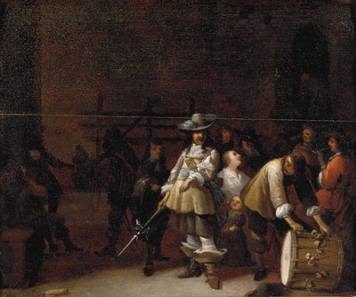 Egy őrszobabelső egy dobossal beszélgető lovassal alkotó: Anthonie Palamedesz