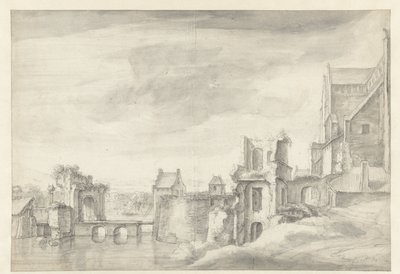 Kilátás a romokra a folyóparton (St. Walburgkerk Arnhemben?) alkotó: Anthonie Waterloo