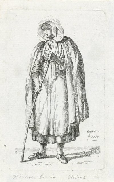 Nő köpennyel és bottal Vallon farmer felesége (cím a tárgyon) alkotó: Anthonie Willem Hendrik Nolthenius de Man