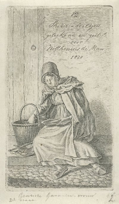 Ülő nő kosárral és tányérral Gentsche garnéla nő (cím a tárgyon) 12 tanulmányfigura (sorozat címe) alkotó: Anthonie Willem Hendrik Nolthenius de Man