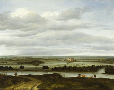 Panorámatájkép Rhenen közelében a Huis ter Ledével alkotó: Anthonie van Borssom