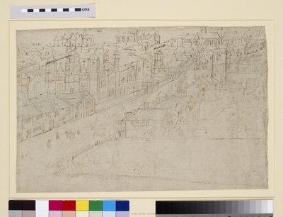 Borough High Street St. Mary Overyvel, a „Londoni panoráma” című filmből, 1544 körül (toll, tinta és ceruza papíron) alkotó: Anthonis van den Wyngaerde