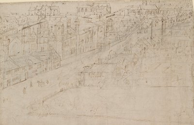London panorámája Southwarkból nézve: Borough High Street St Mary Overyvel, 1554 alkotó: Anthonis van den Wyngaerde