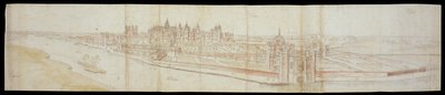 Kilátás a Hampton Court-palotára délről, előtérben a folyóval, 1558 (toll és barna tinta és akvarellek fekete krétával) alkotó: Anthonis van den Wyngaerde