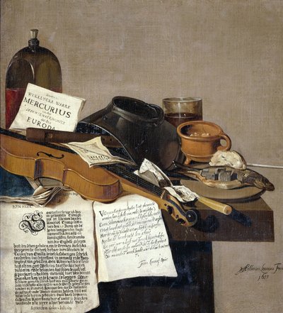 Csendélet De Waere Mercurius másolatával, Táblázat Tromp három angol hajó felett 1639. június 28-án aratott győzelmével, valamint egy vers, amely Apelles és a suszter történetét meséli el. alkotó: Anthonius Leemans