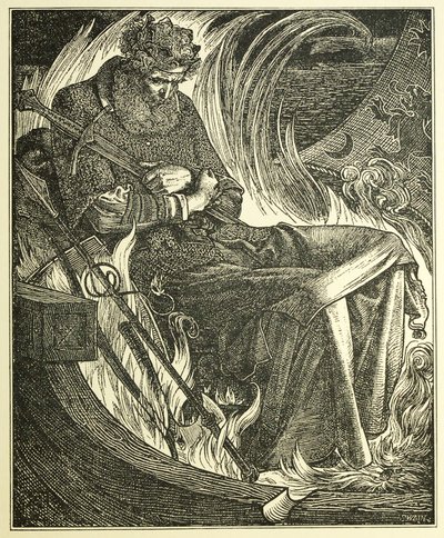 Warwulf király halála, kocsma. 1915 (metszet) alkotó: Anthony Frederick Augustus Sandys