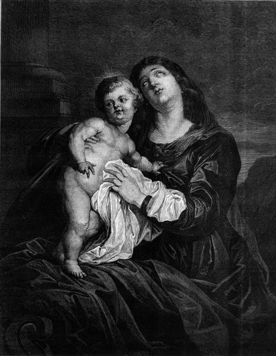 A Szűz és a Gyermek Jézus. Metszet Anton (Antoon vagy Anthony) van Dyck (1599-1641) festménye után. Metszet a „” Le Monde Illustré”” 1239. számában, 1880. december 25. alkotó: Anthony van (after) Dyck