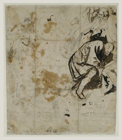 A sírba tétel részleges tanulmánya (hátoldal) (1617-18) (Fekete kréta, toll és barna tinta, barna és vöröses mosás, vörös és kék kréta, fehér gouache kiemelés) alkotó: Anthony van Dyck