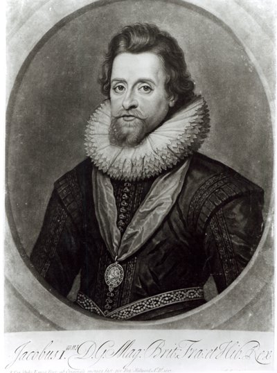 I. Jakab (1566-1625) portréja Nicholas Hilliard (1547-1619) 1617-es miniatúrája nyomán, amelyet George Vertue (1684-1756) metszett alkotó: Anthony van Dyck