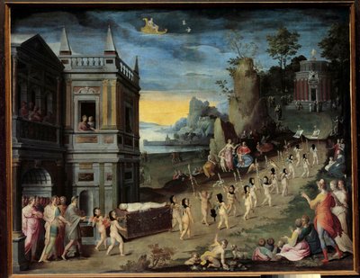 Allegória: a szerelem temetése Erósz holttestét szállító temetési menet a Vénusz temploma felé tart. Antoine Caron (1521-1599) műhelyének festménye alkotó: Antoine (studio of) Caron