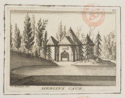 Kilátás a Merlin-barlangra, Kew Gardens, illusztráció a londoni Lysons Environsból, 1750 körül (metszet) alkotó: Antoine Benoist