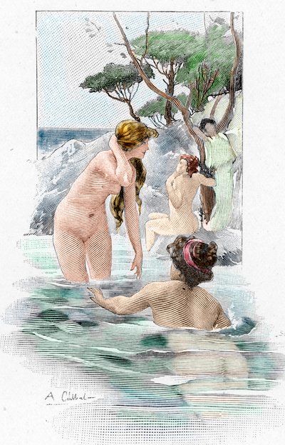 Homere-i Odüsszeus: „Nausicaa, Alcinous király lánya és szolgálóleányai, akik ruháikat mossák a folyóban” Antoine Calbet (1860-1944) illusztrációja Homérosz görög költő „The Odüsszeusához” (Homérosz Odüsszeája) 1897 Magángyűjtemény alkotó: Antoine Calbet