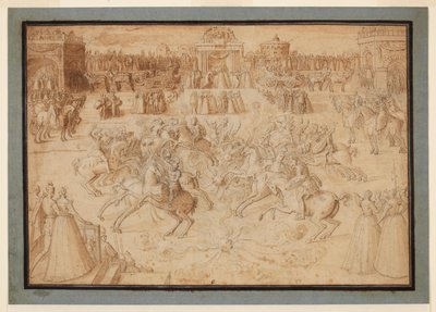 Lovas játék tűzijátékok között tornázó lovasokkal, 1575-1580 körül alkotó: Antoine Caron