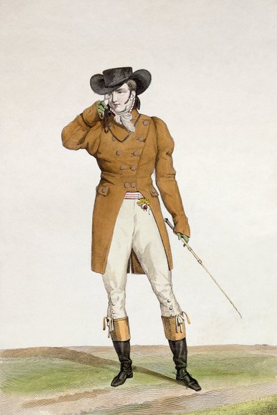 Dandy csónak alakú kalapban, szürkésbarna kabátban és szarvasbőr nadrágban, 1. tábla az "Incroyable et merveilleuses" divatlap-sorozatból, Georges Jacques Gatine (1773-183) metszete. alkotó: Antoine Charles Horace Vernet